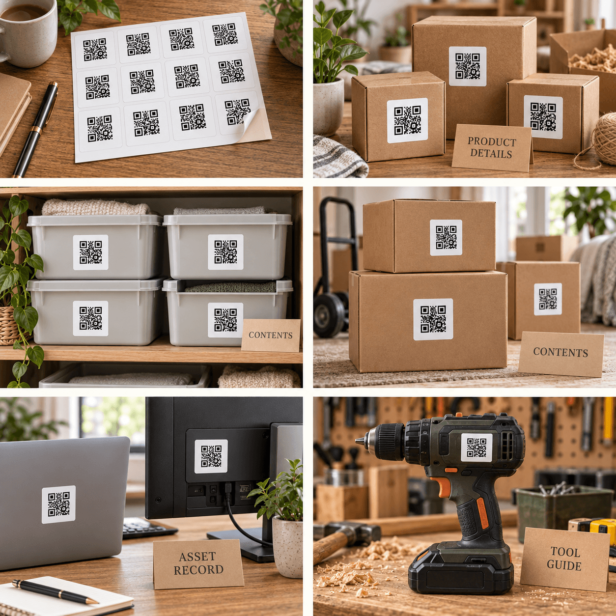 QR Labels examples showing a sheet of large QR stickers and labels on product boxes, storage bins, moving boxes, IT equipment, and a workshop tool.