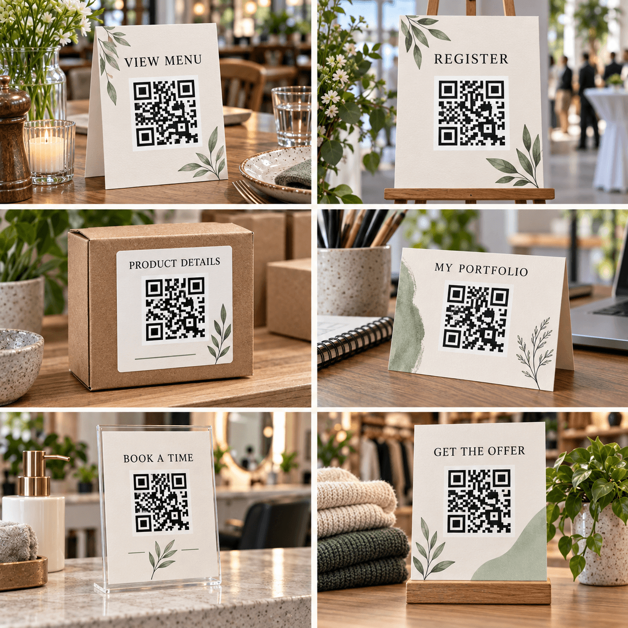 QR Link examples for a restaurant menu, event registration, product details, a creative portfolio, appointment booking, and a retail offer.