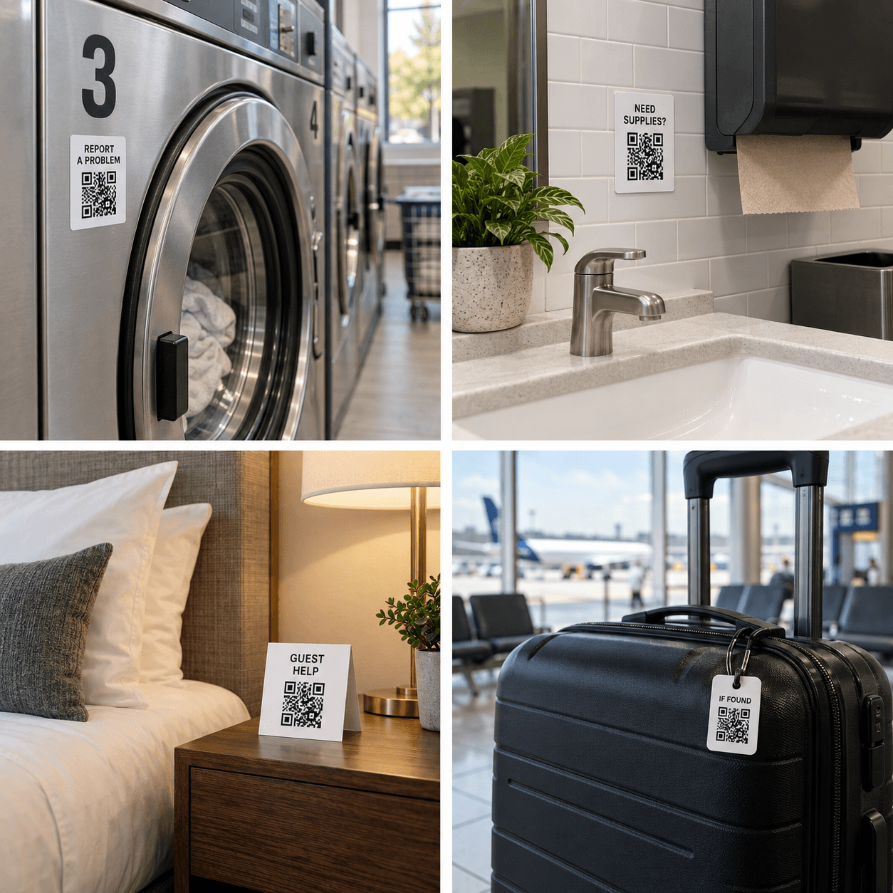 Four QR Notify uses: a small report sticker on a laundromat washer, a restroom supplies card, a guest-room help card, and a lost-luggage tag.