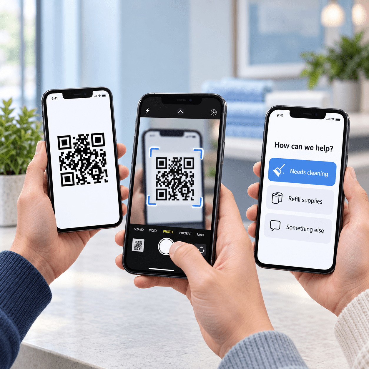 Three phones showing the QR Notify flow: a QR code, another phone scanning it, and the visitor button form.